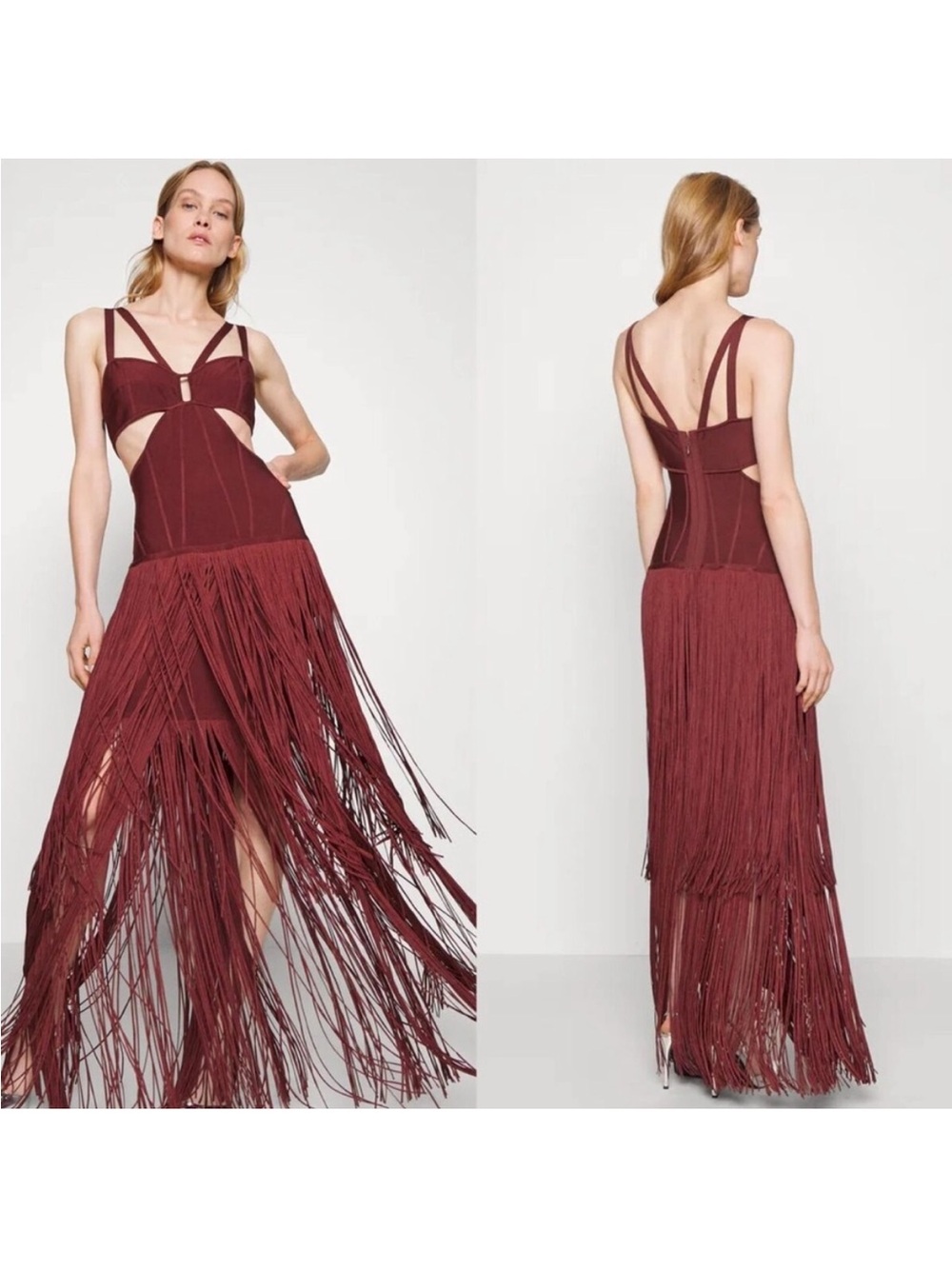 Herve Leger Fringe Strappy Cutout Gown